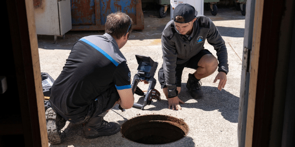 Two BOP Plumbing & Gas staff members analysing a drain
